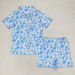 Adult Women Short Sleeves Flower Buttons Shirt Shorts Pajamas Blue Set