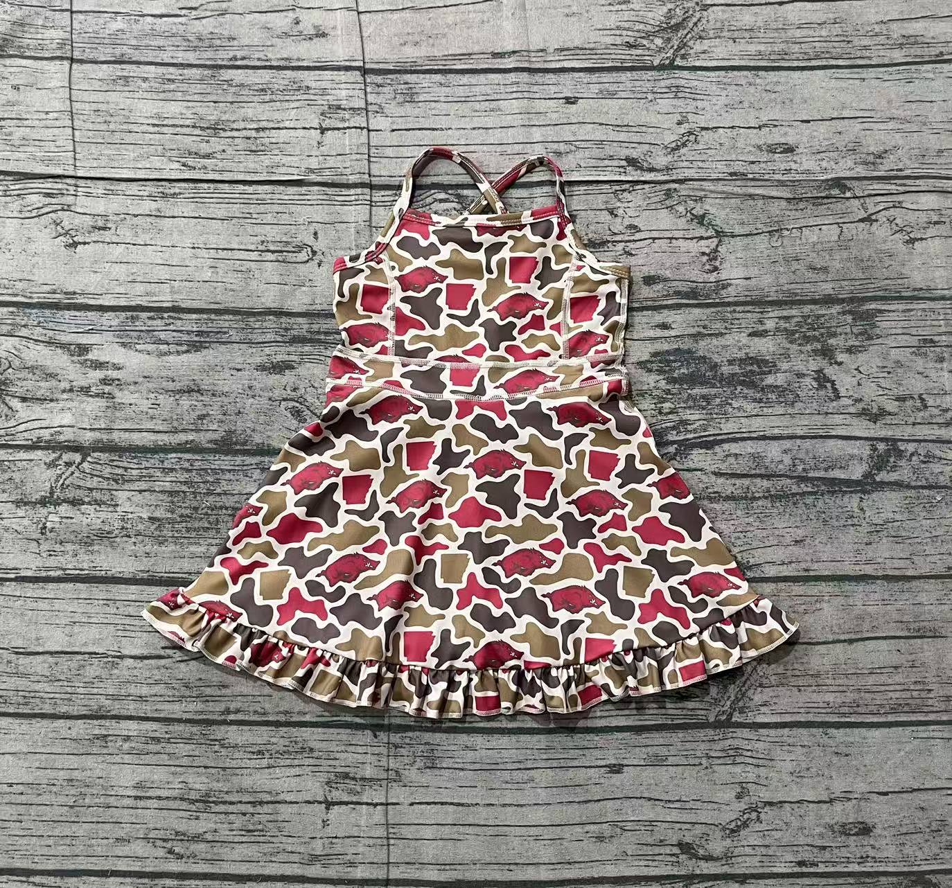Baby Girls Kids Straps Pigs Camo Print Team Yoga Ruffle Knee Length Dress RTS