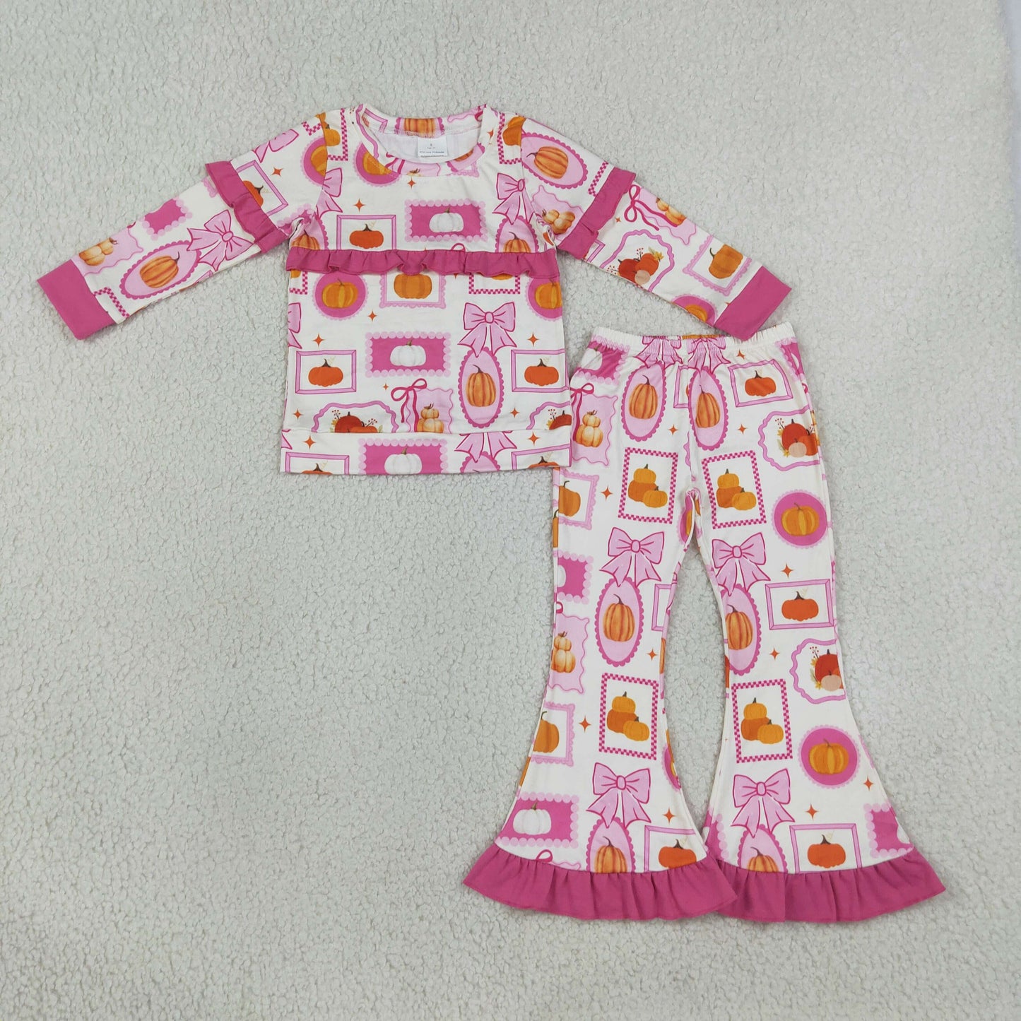 Baby Girls Kids Long Sleeves Pumpkins Bows Tops Pink Ruffle Pants Set Fall Clothes RTS