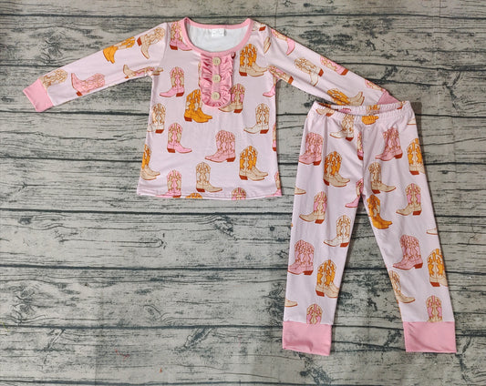 No moq Pre-order GLP1094 Baby Girl Western Boots Shirt Pants Set Pink Pajamas