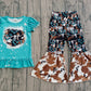 Baby Girls Kids Short Sleeves Shirt Western Turquoises Cow Bell Pants Set RTS