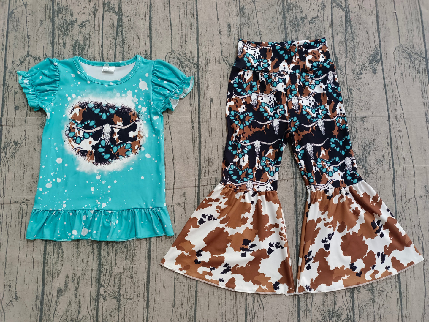 Baby Girls Kids Short Sleeves Shirt Western Turquoises Cow Bell Pants Set RTS