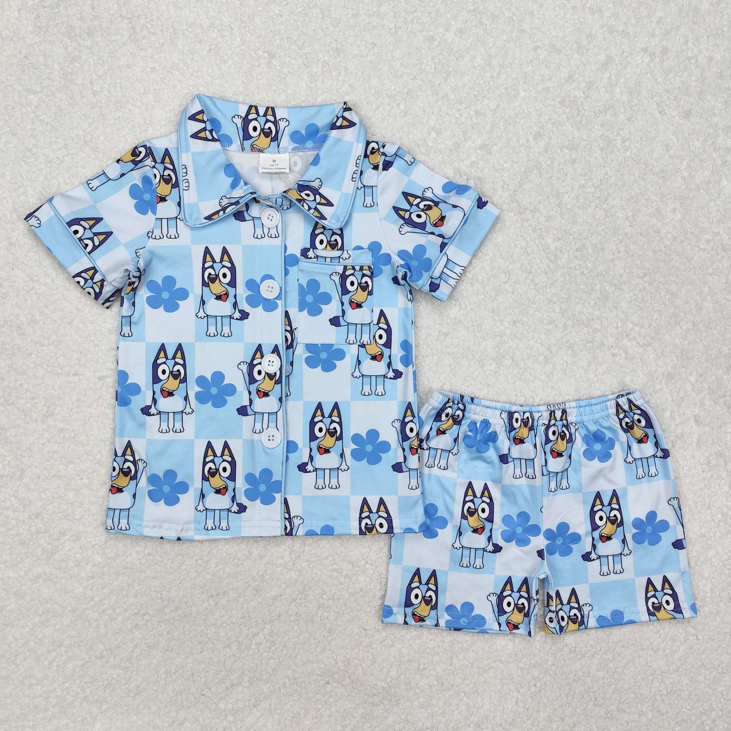 Baby Girl Short Sleeves Dogs Checkered Flower Buttons Shirt Shorts Pajamas Blue Set