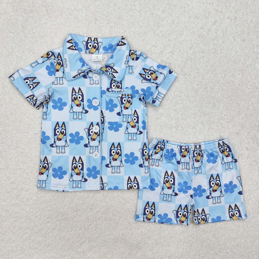 Baby Girl Short Sleeves Dogs Checkered Flower Buttons Shirt Shorts Pajamas Blue Set