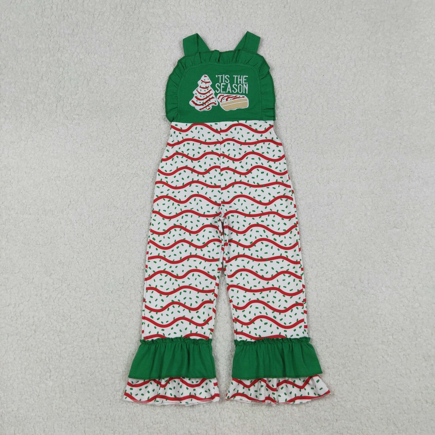 Baby Girl Sleeveless Embroidery Christmas Tree Stripes Ruffle Green Jumpsuit RTS