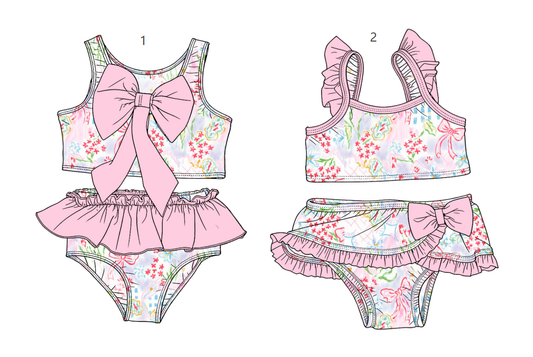 ( Moq 5 Each Style ) Sibling Baby Girls Kids Floral Tops Ruffle Shorts Bows Sets Summer Swimsuits