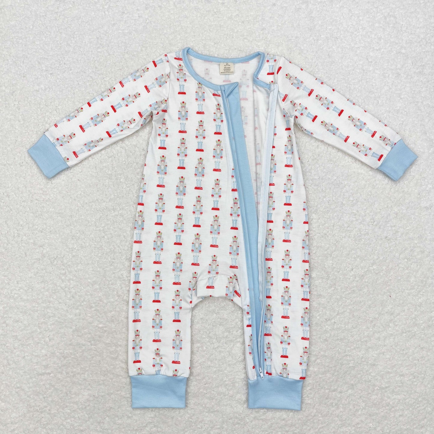 Baby Boy Long Sleeves Christmas Soldier Zipper Blue Bamboo Romper