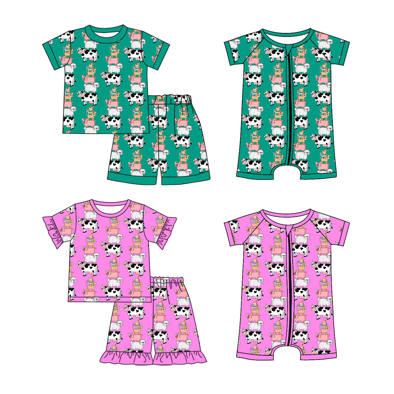 ( Moq 5 Each Style ) Baby Boys Girls Kids Farm Animals Sibling Rompers Sets Summer Clothes