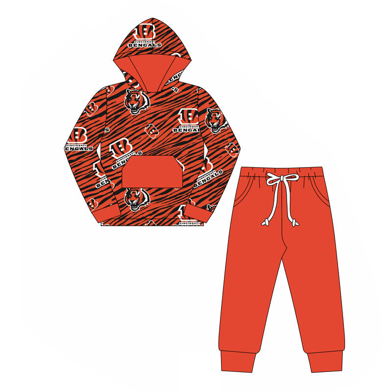 Baby Kids Toddler Team Hoodie Shirt Orange Pocket Pants Fall Clothes Set Moq 5