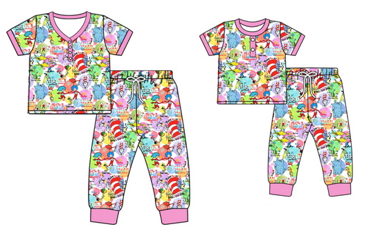 Baby Girl Toddler Toddler Adult Women Short Sleeves Dr Reading Pants Sibling Family Shorts Pajamas Set ( Moq 5 Each Style )11.28