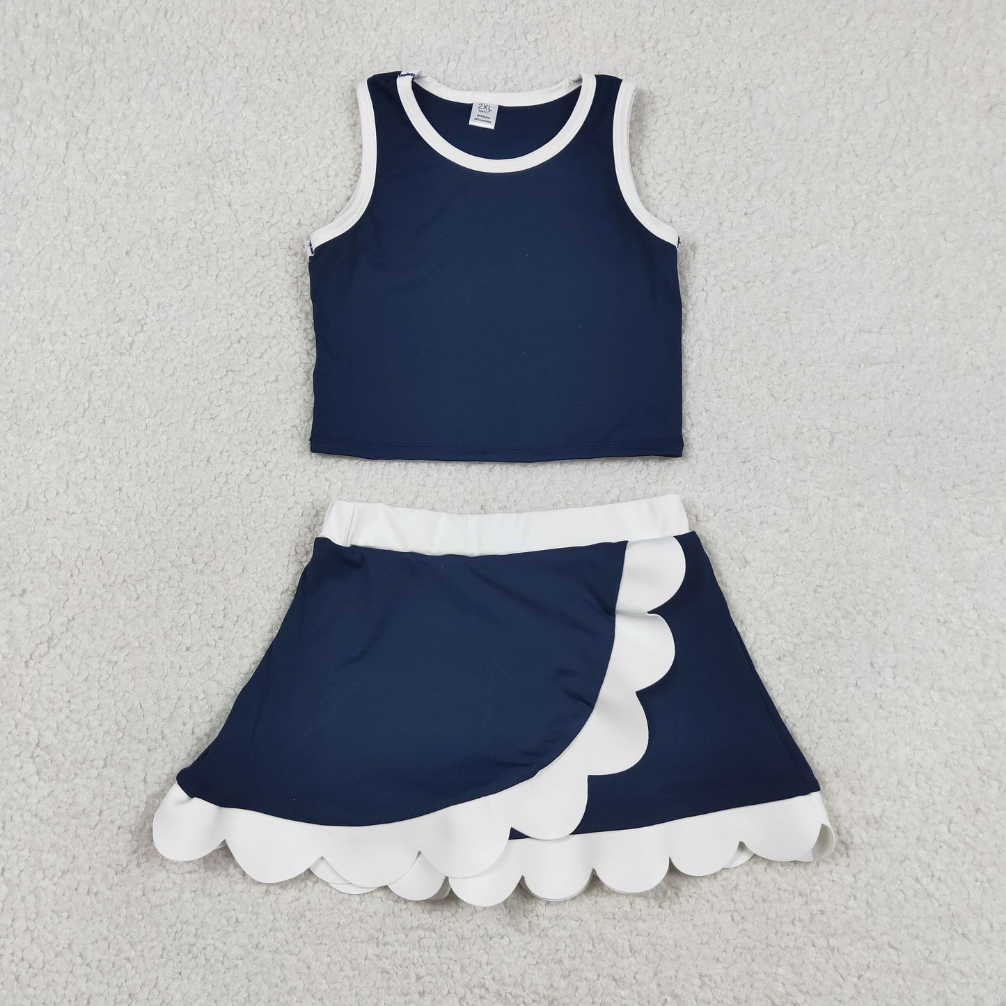 Baby Girls Kids Shirt Scallop Skirt Shorts Yoga Active Navy Set Clothes RTS
