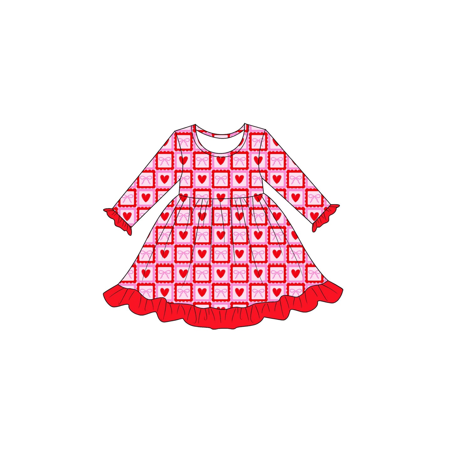 ( Moq 5 ) Preorder Baby Girls Kids Long Sleeves Valentine Hearts Bows Knee Length Dress Clothes