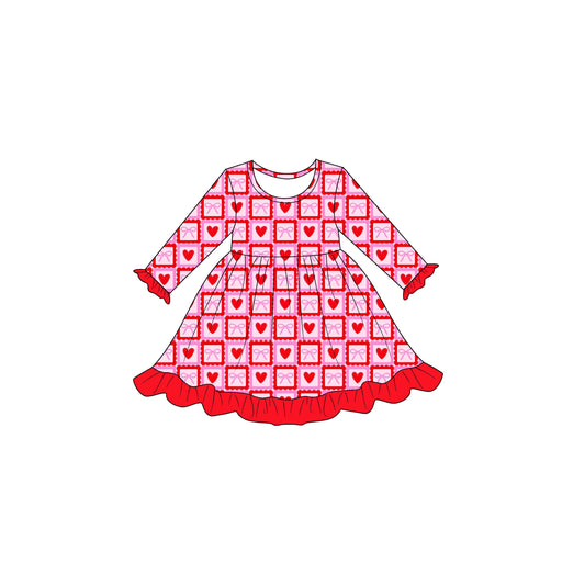 ( Moq 5 ) Preorder Baby Girls Kids Long Sleeves Valentine Hearts Bows Knee Length Dress Clothes