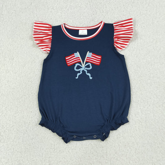 Baby Girls Navy Short Sleeves Embroidery Flags Bows 4th of July Bubble Romper RTS