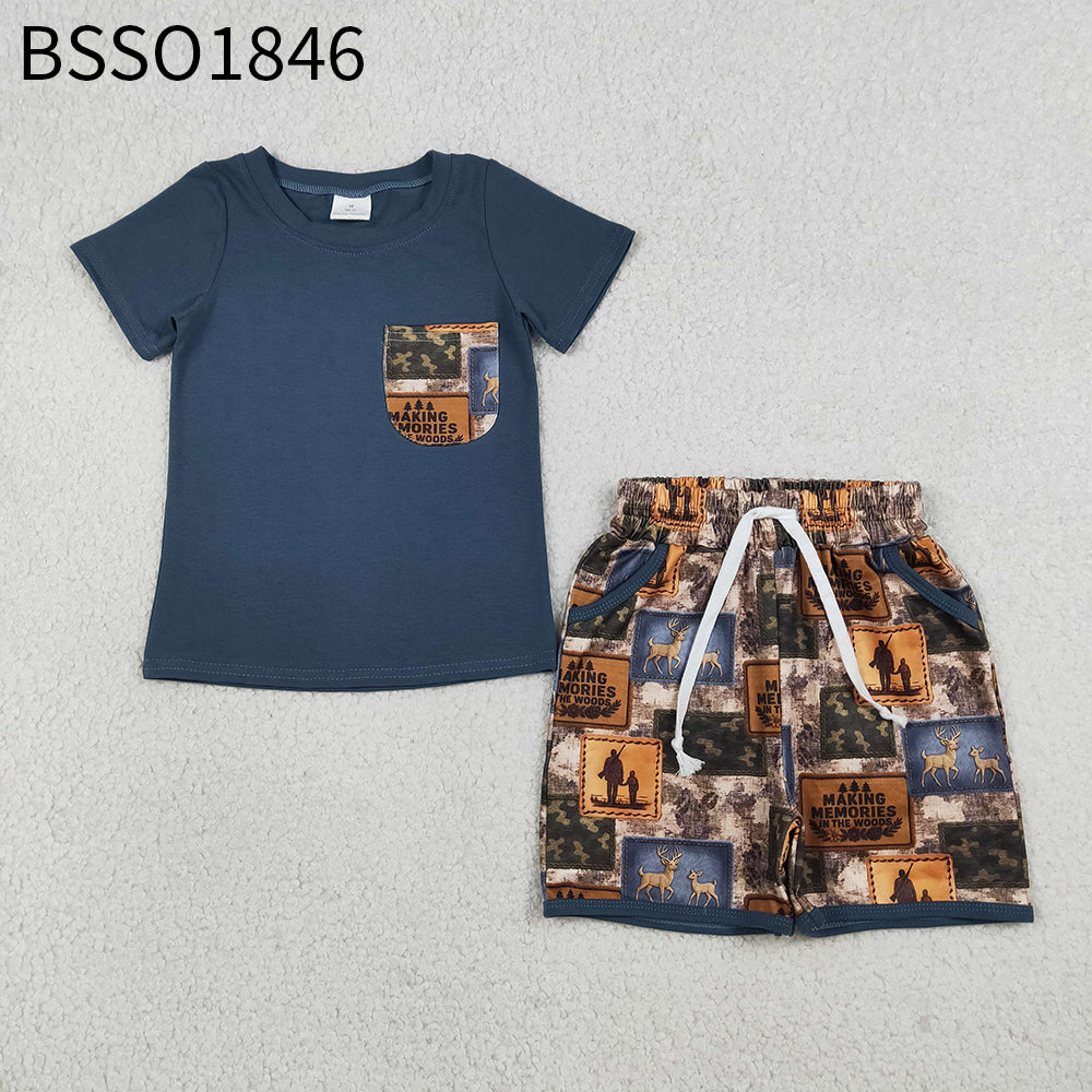 Baby Boys Kids Short Sleeves Shirt Hunting Deer Camo Pockets Shorts Clothes Set RTS