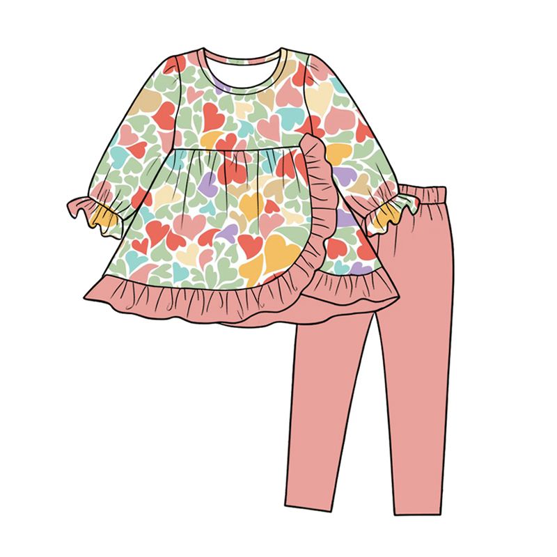 ( Moq 5 ) Preorder Baby Girls Kids Hearts Ruffle Tunic Pink Leggings Pants Set Valentine Clothes
