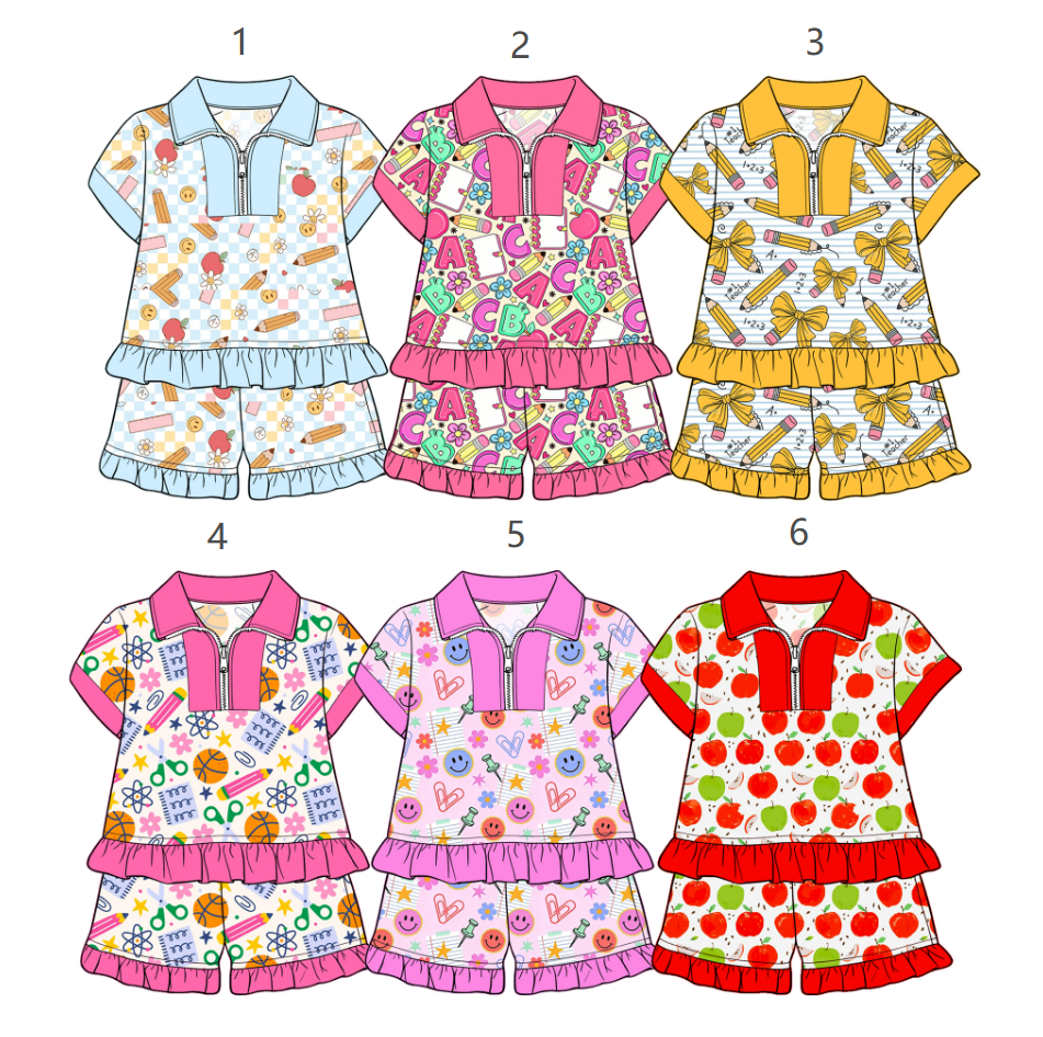 ( Moq 5 Each Style ) Sibling Baby Girls Kids Short Sleeves Zipper Shirts Shorts Back to School Sets