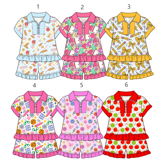 ( Moq 30 Each Style ) Sibling Baby Girls Kids Short Sleeves Zipper Shirts Shorts Back to School Sets