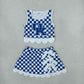 Baby Girls Kids Blue Checked Shirt Scallop Bows Skirt Shorts Team Set Yoga Active Clothes RTS