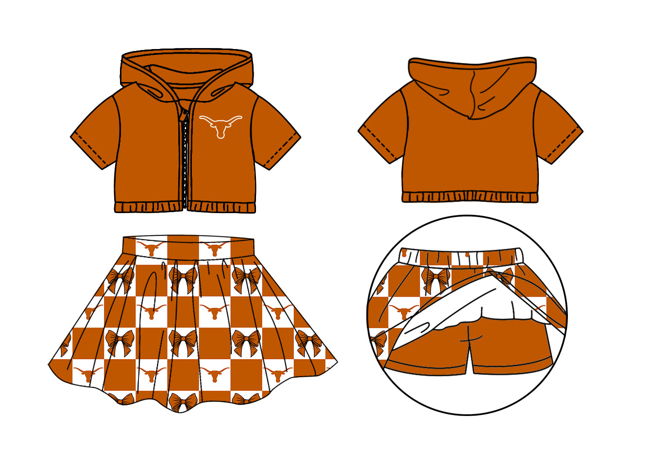 ( Moq 5 Each Style ) Baby Girls Kids Short Sleeves Cow Hoodie Zipper Tops Bows Plaid Shorts Skirt Team Set