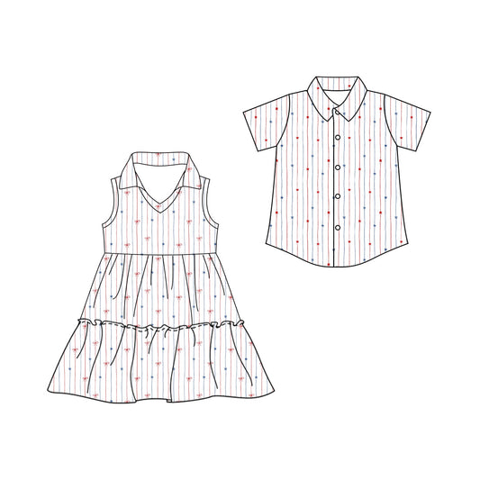 ( Moq 5 Each Style ) Sibling Baby Boys Girls Kids Bows Stars Stripes 4th of July Shirt Dress Clothes