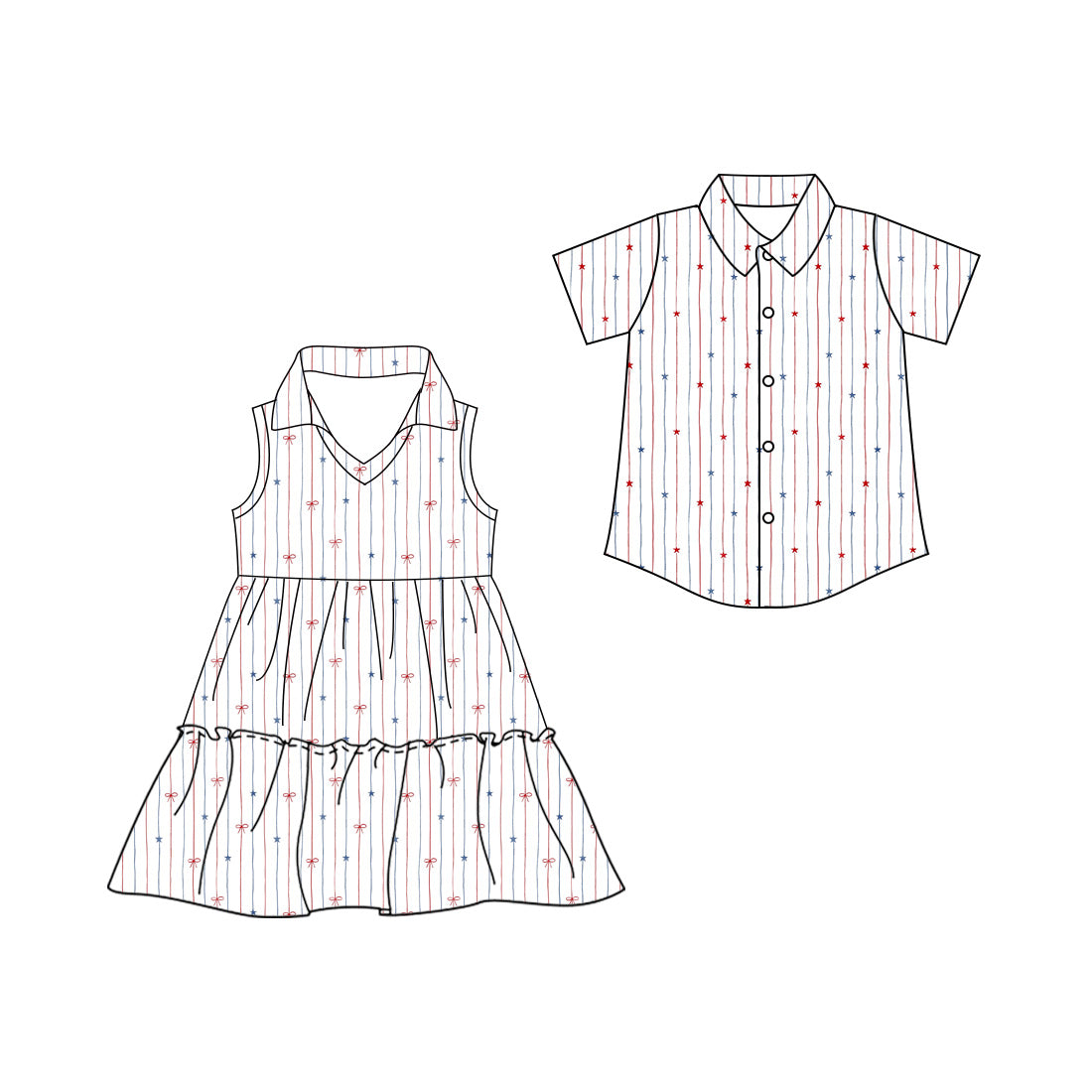 ( Moq 5 Each Style ) Sibling Baby Boys Girls Kids Bows Stars Stripes 4th of July Shirt Dress Clothes