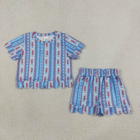 Baby Girls Bows Flower Stripes Shirt Scallop Shorts Set 4th of July Clothes RTS