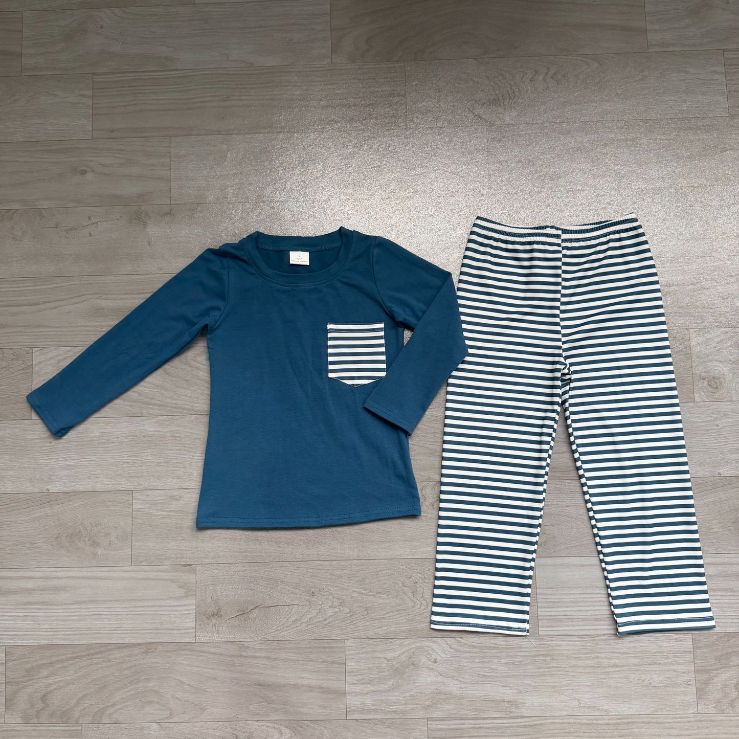 ( No moq ) Preorder Baby Kids Long Sleeves Blue Shirt Stripes Pants Set Pajamas Clothes