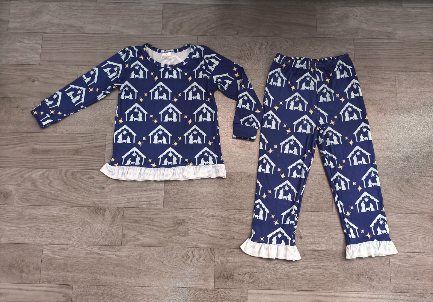 ( No moq ) Preorder Baby Girls Kids Nativity Blue Ruffle Shirt Pants Set Christmas Pajamas Clothes