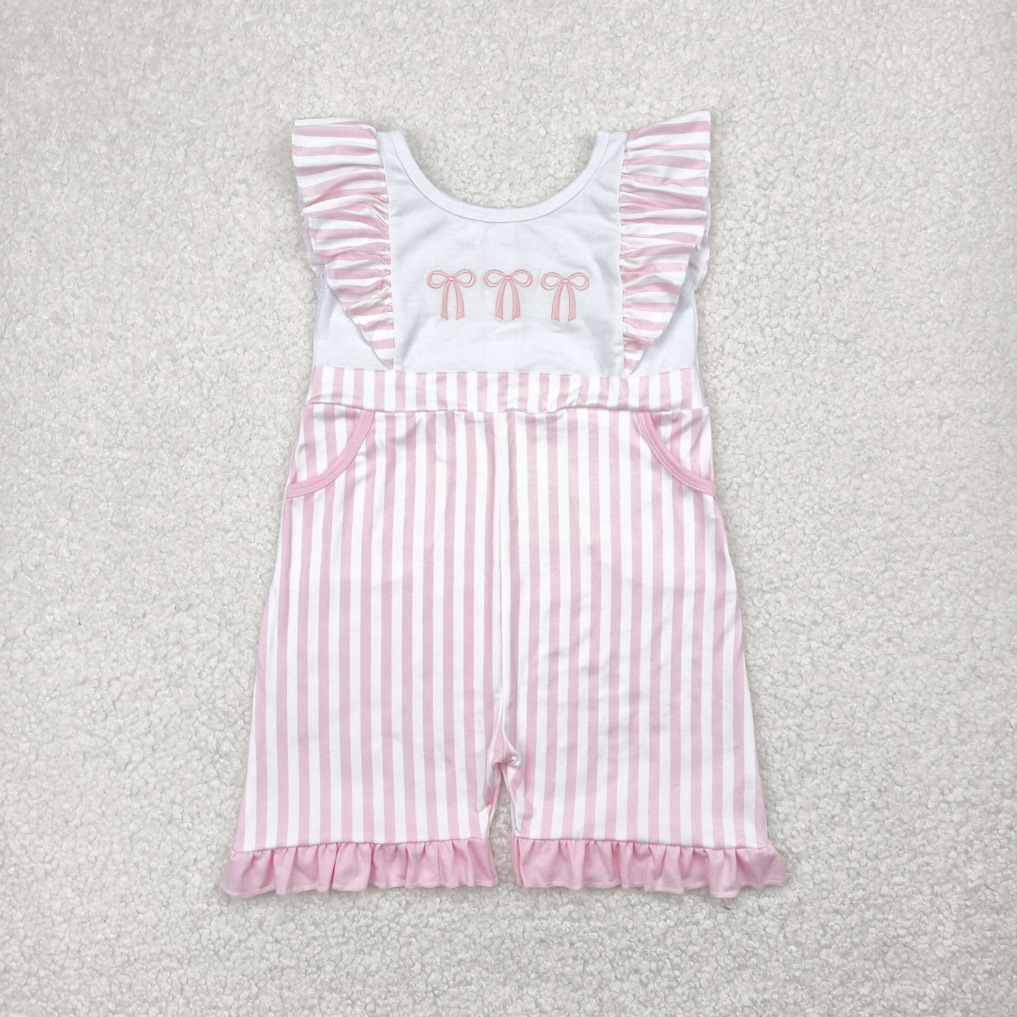 Baby Girl Short Sleeves Embroidery Pink Bows Stripes Pockets Jumpsuit RTS