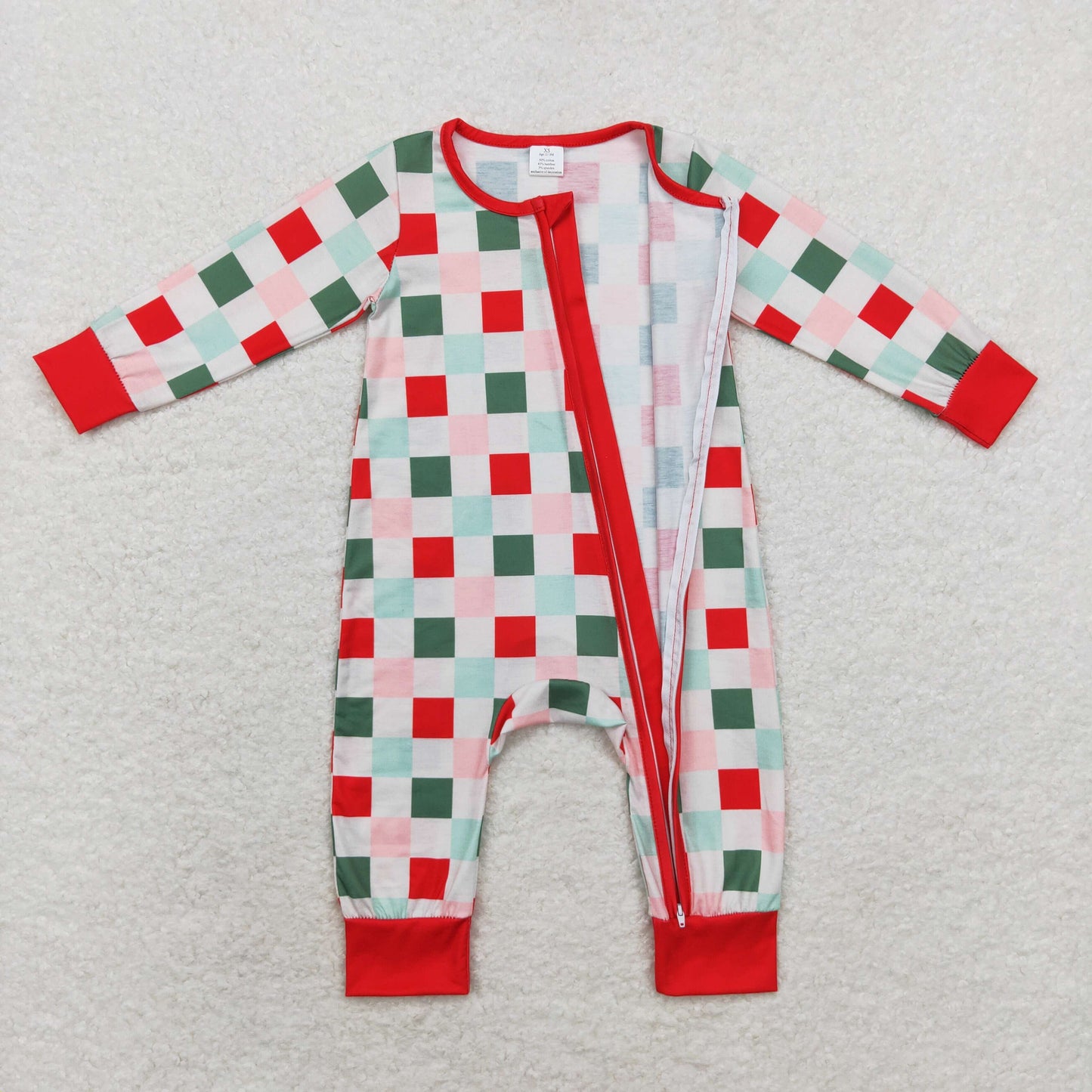 Baby Kids Christmas Checkered Zipper Bamboo Romper