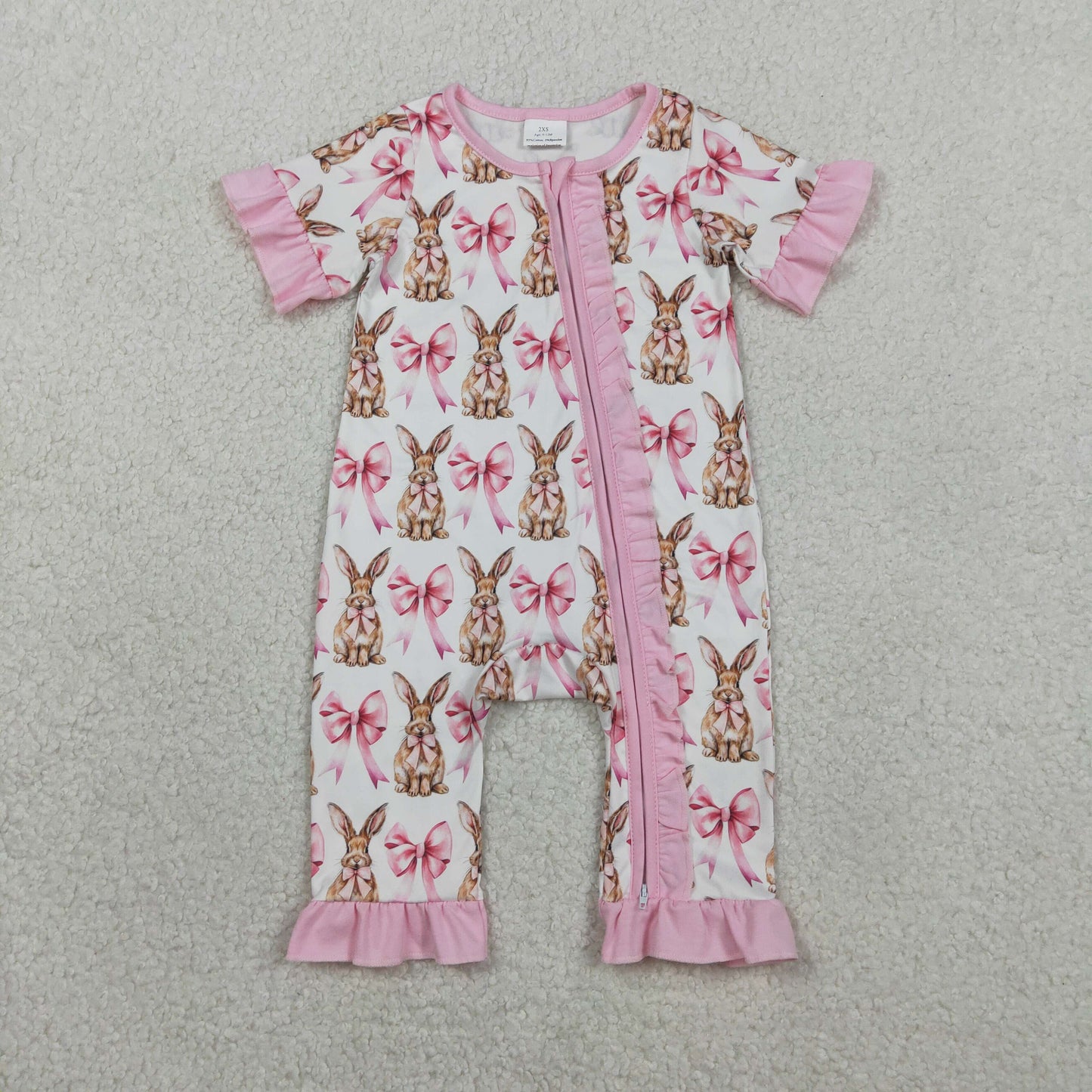 Baby Girls Infant Short Sleeves Rabbits Bows Zipper Pink Ruffle Romper RTS