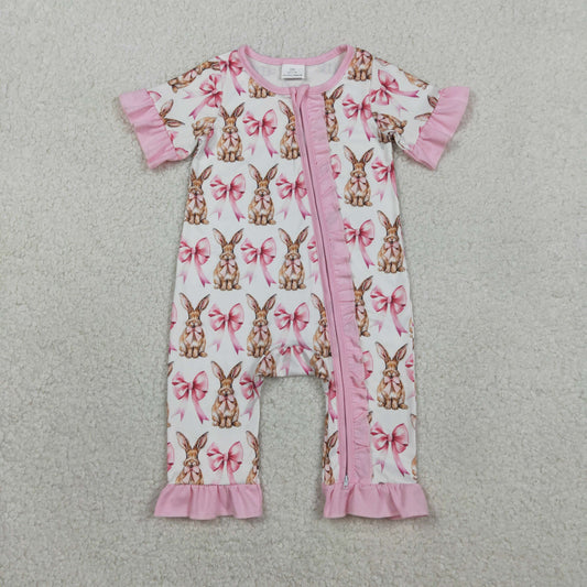 Baby Girls Infant Short Sleeves Rabbits Bows Zipper Pink Ruffle Romper RTS