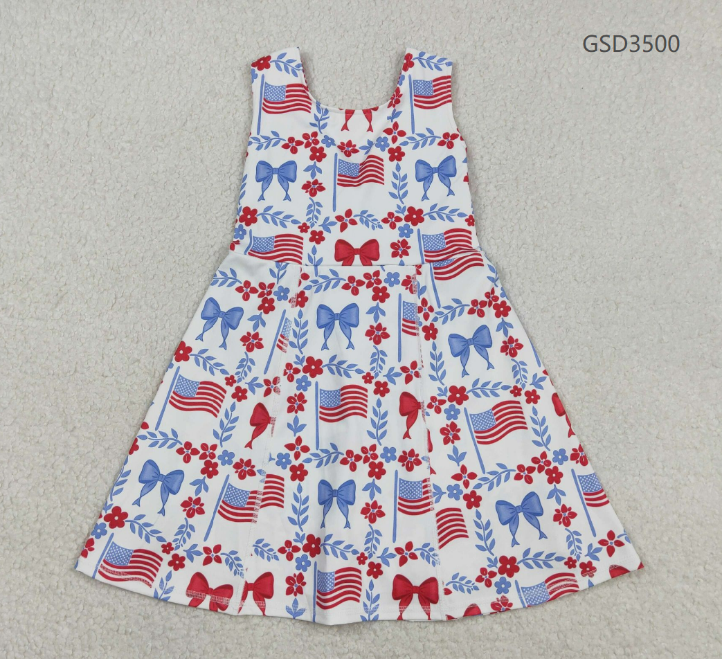 Baby Girls Kids Flags Bows Flowers 4th of July Shorts Knee Length Yoga Dress RTS