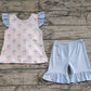 Baby Girl Short Sleeves Flower Bows Plaid Tunic Ruffle Blue Shorts Clothes Set RTS