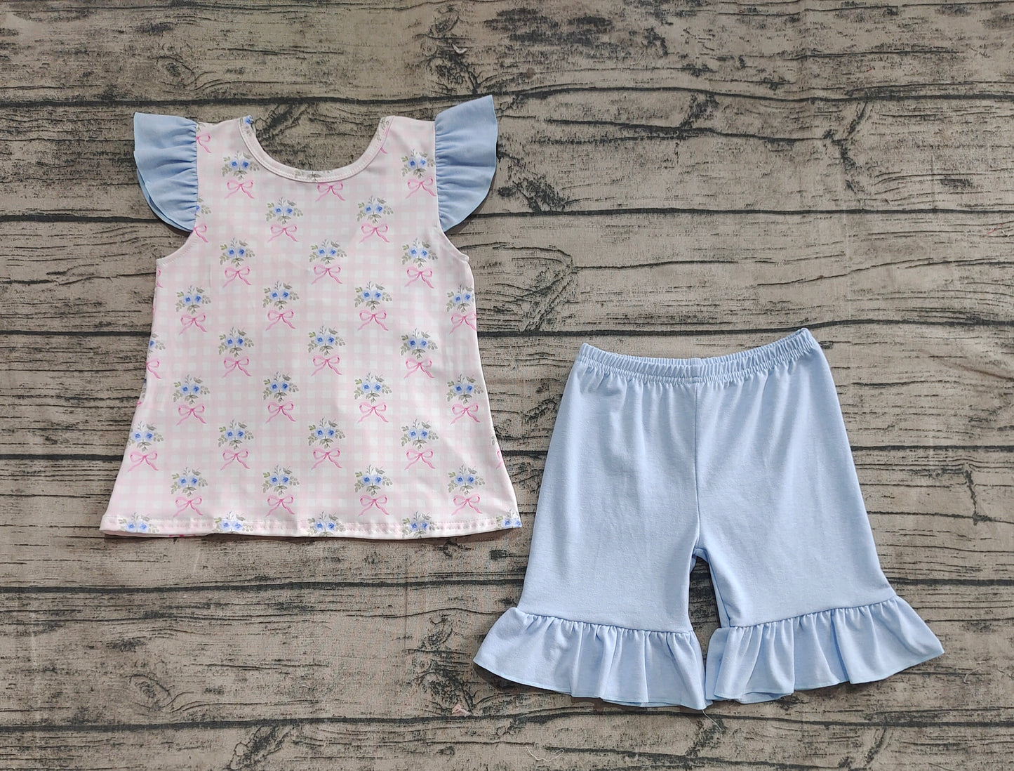 Baby Girl Short Sleeves Flower Bows Plaid Tunic Ruffle Blue Shorts Clothes Set RTS