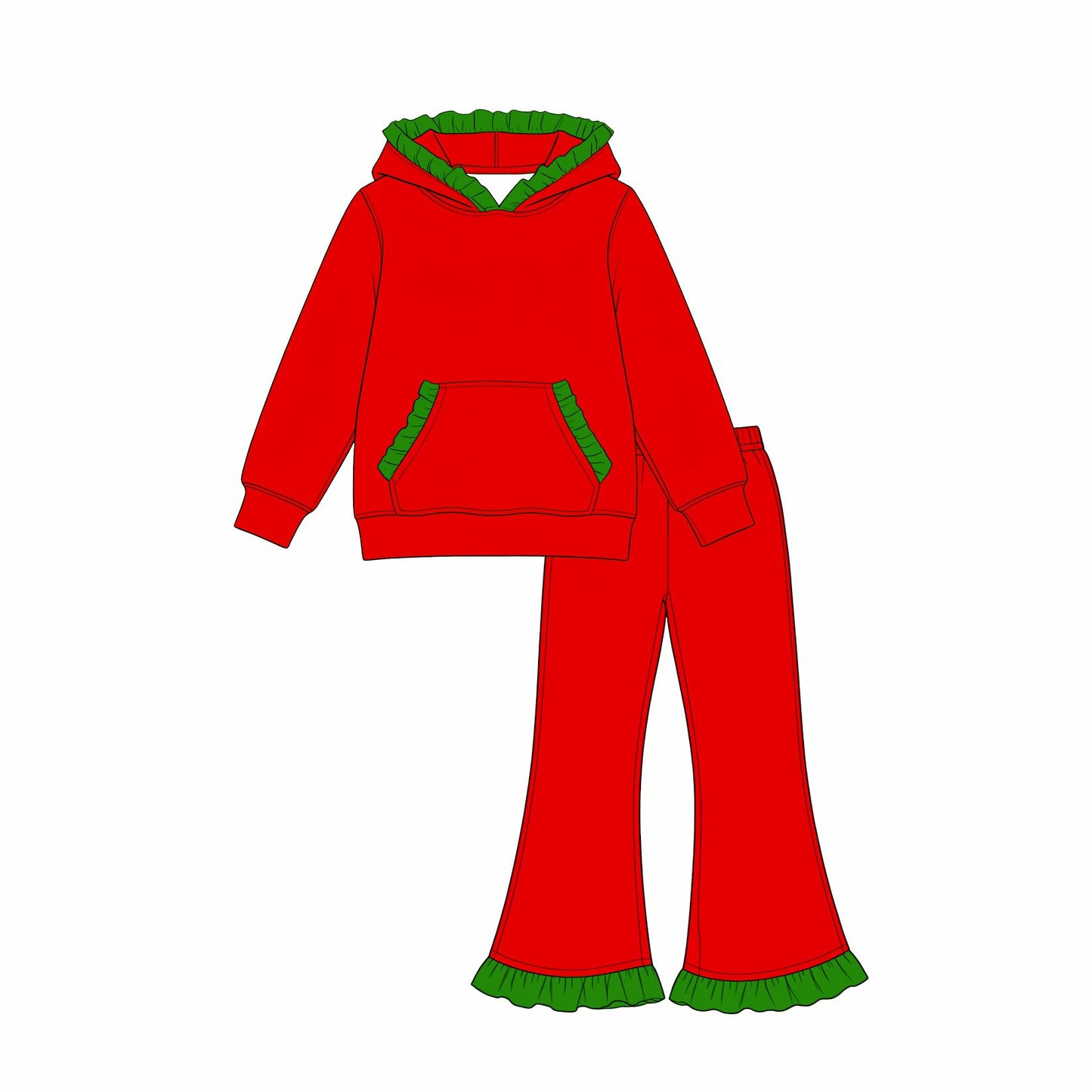 ( Moq 5 ) Preorder Baby Girls Kids Green Ruffle Hoodie Pocket Pullover Pants Red Set Cotton Clothes