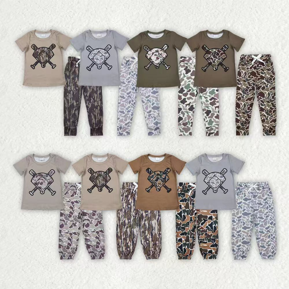 Sibling Baby Boys Kids Short Sleeves Baseball Shirts Pockets Joggers Camo Pants Sets RTS