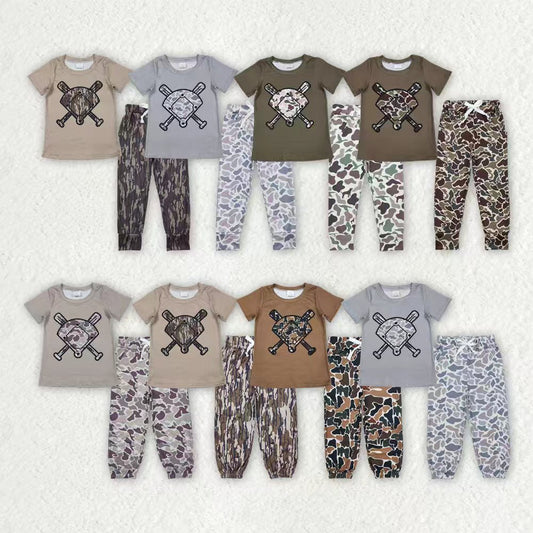 Sibling Baby Boys Kids Short Sleeves Baseball Shirts Pockets Joggers Camo Pants Sets RTS