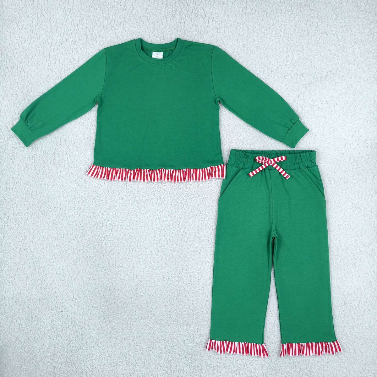 Baby Girls Kids Stripes Ruffle Shirt Pockets Pants Green Cotton Set Christmas Clothes RTS