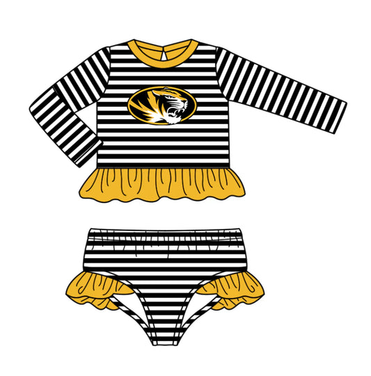 ( Moq 5 ) Baby Girls Long Sleeves Tiger Ruffle Tops Stripes Shorts Team Set Swimsuit