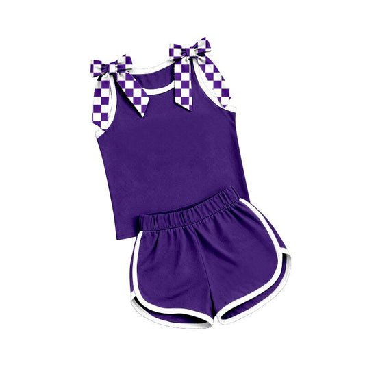 ( Moq 5 ) Preorder Baby Girls Kids Sleeveless Purple Checked Bows Shirt Shorts Set Summer Clothes