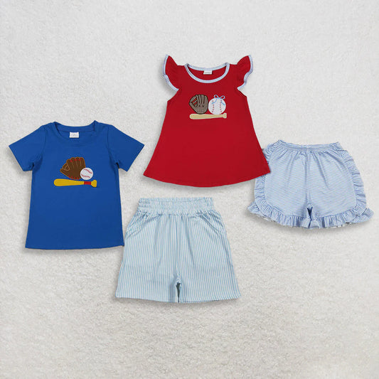Sibling Baby Boys Girls Kids Short Sleeves Embroidery Baseball Bows Tops Stripes Shorts Set RTS