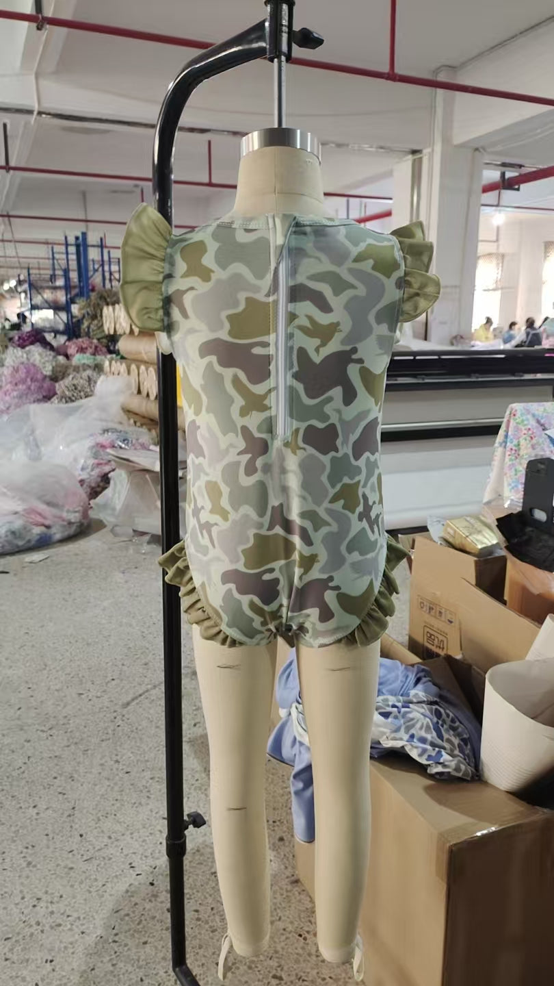 Baby Girls Kids Short Sleeves Ducks Camo Green Ruffle One-piece Swimsuit RTS