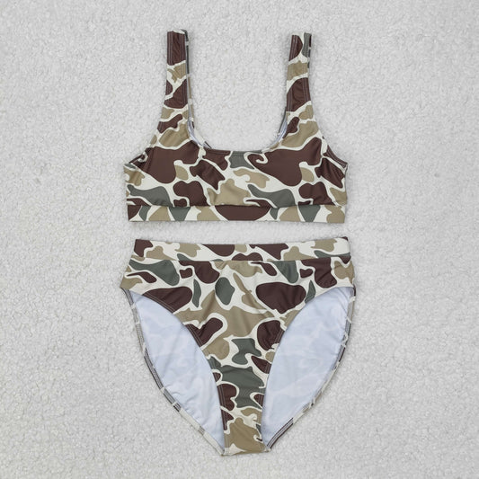 Adult Women Green Camo Tops Shorts Summer Swimsuit Set