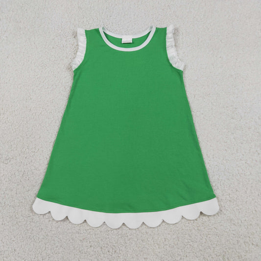 Baby Girls Kids Sleeveless White Scallop Knee Length Dress Green Clothes RTS