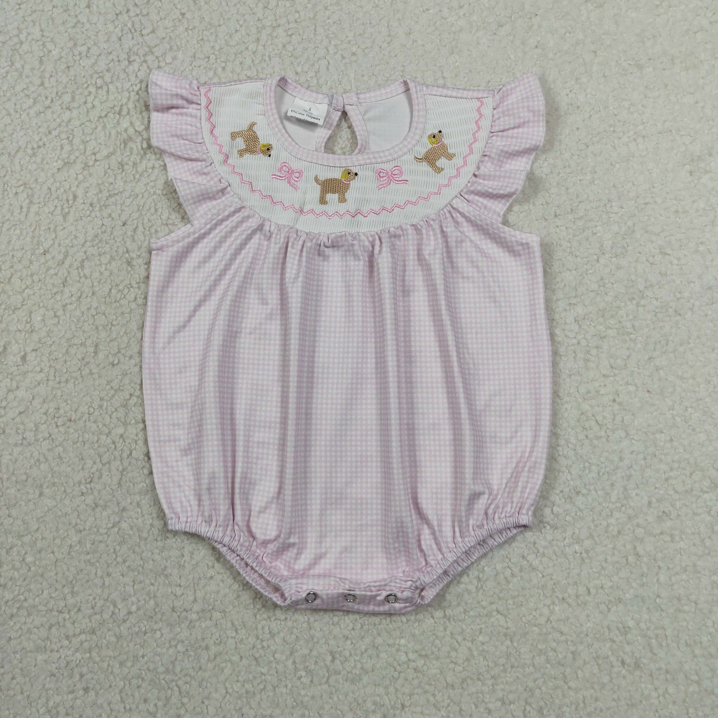 Baby Girls Kids Short Sleeves Embroidery Dogs Bows Pink Bubble Romper RTS