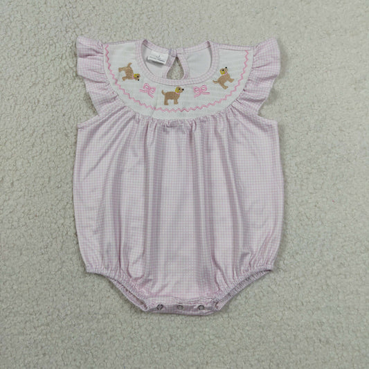 Baby Girls Kids Short Sleeves Embroidery Dogs Bows Pink Bubble Romper RTS