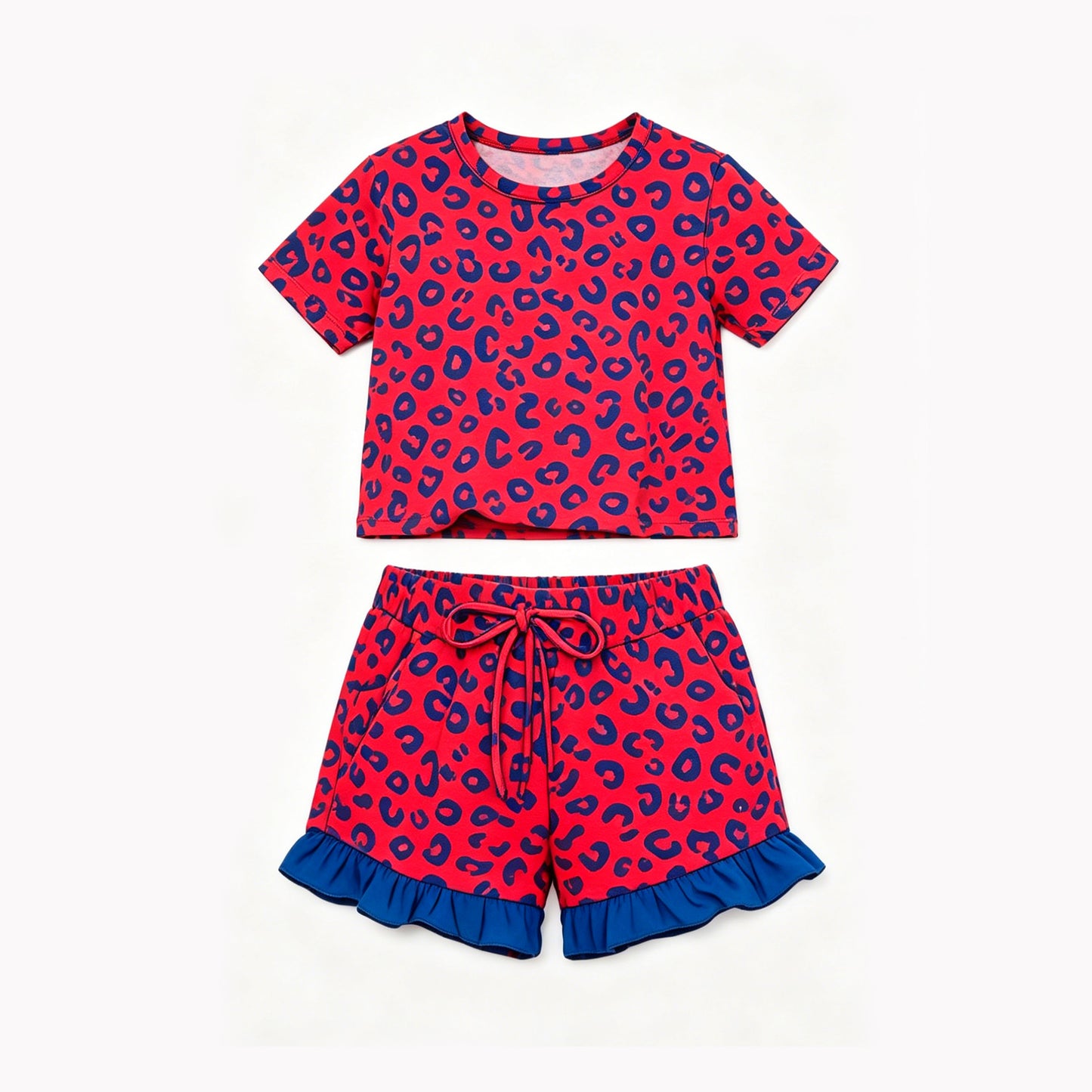 ( Moq 5 ) Preorder Baby Girls Kids Short Sleeves Leopard Shirt Pockets Shorts Summer Set Clothes
