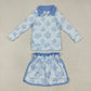 Baby Girl Long Sleeves Blue Flower Plaid Zipper Shirt Skort Yoga Active Clothes Set RTS